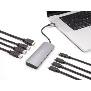 Hub USB-C DELOCK 64323 — anfitrião USB 3.2 Gen 2 Type-C, HDMI + 2× USB-A + 2× USB-C, 10 Gbit/s, cinzento