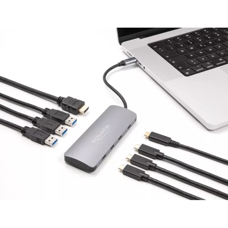 Hub USB-C DELOCK 64323 — anfitrião USB 3.2 Gen 2 Type-C, HDMI + 2× USB-A + 2× USB-C, 10 Gbit/s, cinzento