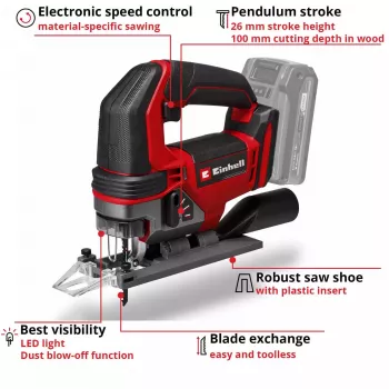 Serra de recortes EINHELL TE-JS 18/100 Li Solo — sem fios 18V, modelo TE-JS 18/100 Li Solo