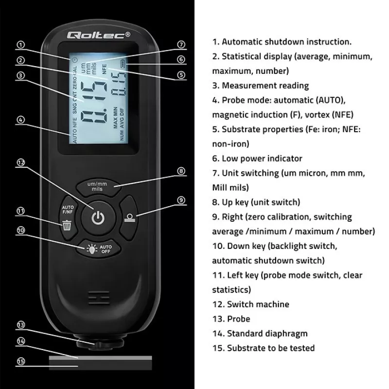 Medidor de espessura de camadas QOLTEC 50646 LCD 0–2000 µm
