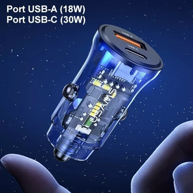 Carregador de automóvel usams CC164CC01 30W com 1×USB-A e 1×USB-C para carregamento rápido