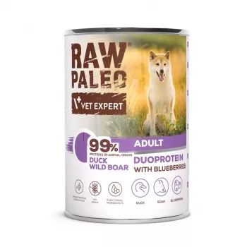 Comida húmida para cães VETEXPERT RAW PALEO Duoprotein Pato e Javali Adult 400 g, sem cereais, para todas as raças