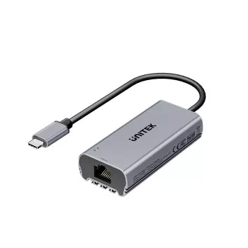Adaptador USB-C para RJ45 Unitek U1343AGY01 — Ethernet 5 Gbit/s, USB-C (macho) para RJ45 (fêmea), cinzento, cabo 0,15 m