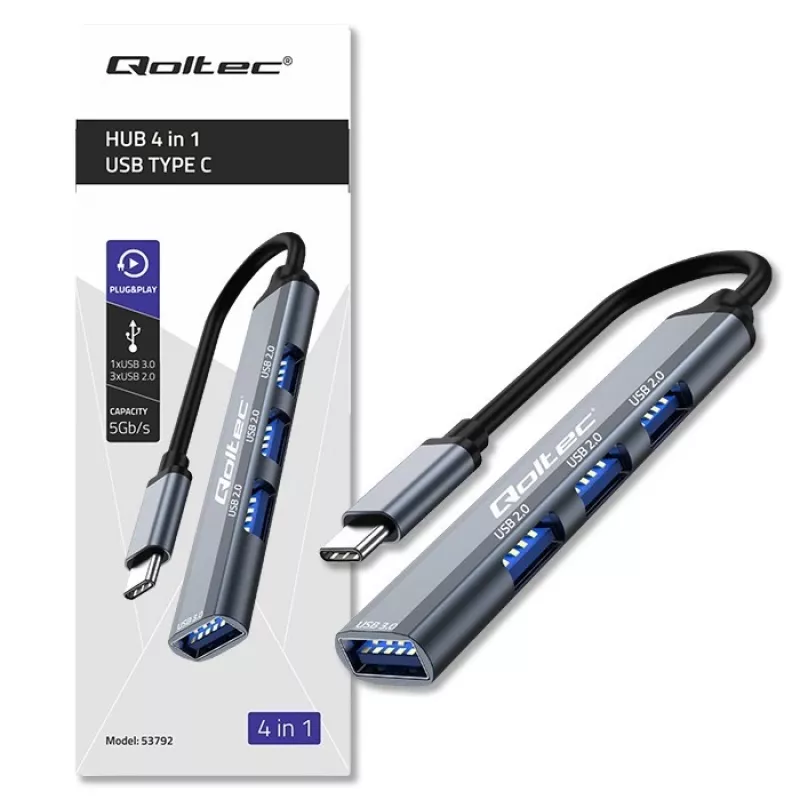 Hub USB QOLTEC 53792, USB-C 3.1 para 4 portas (USB 3.0 x1, USB 2.0 x3)