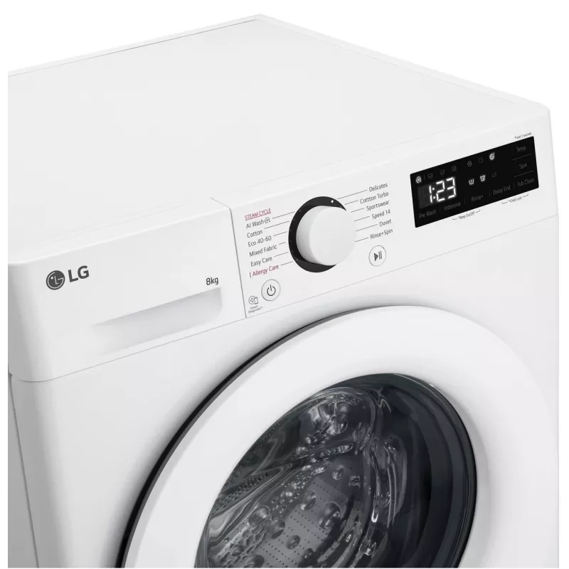 LG | Máquina de lavar roupa | F2WR508SWW | Classe de eficiência energética A-10% | Carga frontal | Capacidade de lavagem 8 kg | 1200 rpm | Profundidade 47,5 cm | Largura 60 cm | Visor | LED | Função vapor