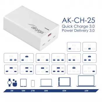 Carregador USB de mesa GaN Akyga AK-CH-25 140 W, 3 x USB-C PD + USB-A, branco