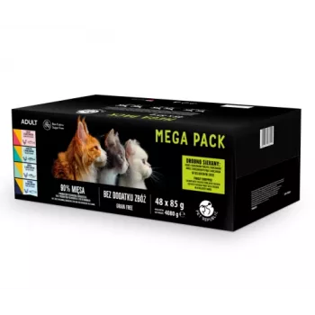 Sacos de alimento húmido para gatos PetRepublic 48 x 85 g – variedades mistas de peixe e aves (salmão, frango, atum, bacalhau, truta)