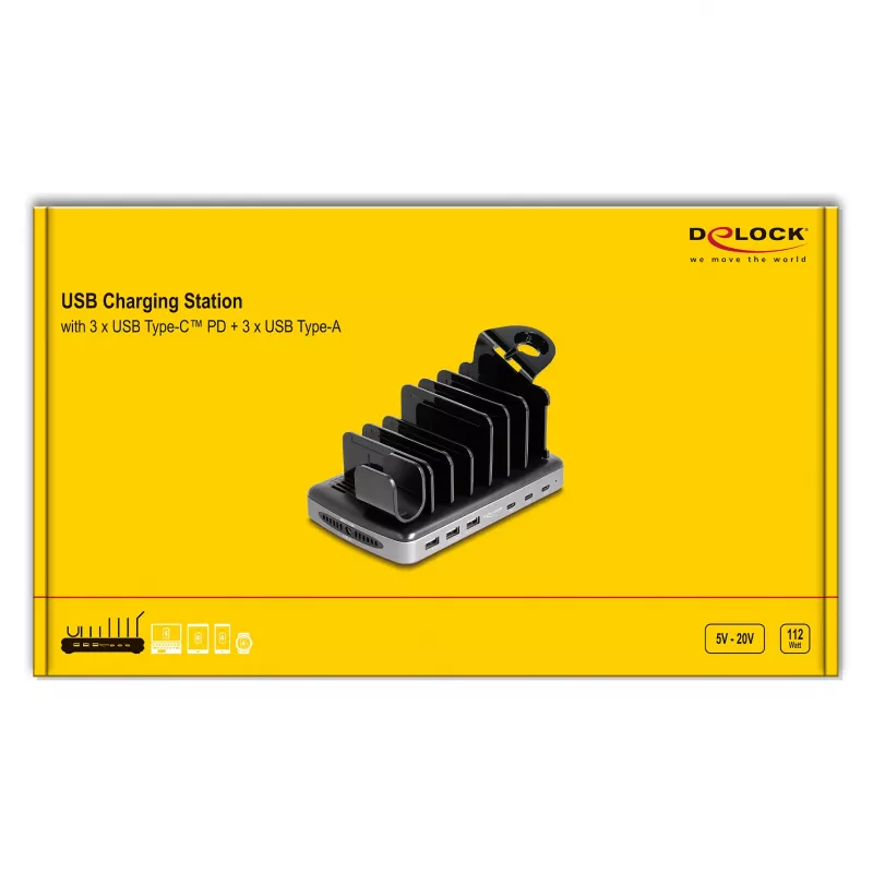 Estação de carregamento USB DeLOCK 3 x USB Type-C PD 3 x USB Type-A 112 W