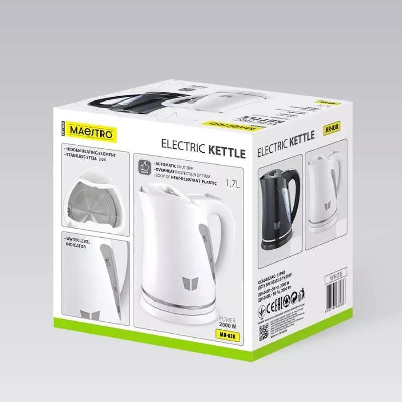 Chaleira elétrica Maestro MR-038-WHITE, 1,7 L, 2000 W, sem fios, desligamento automático