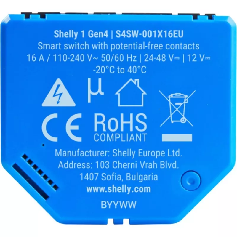 Interruptor inteligente Shelly 1 Gen4, sem fios, 240 V AC, Bluetooth 5.0/Wi‑Fi/ZigBee, caixa de plástico, 42×16×37 mm, pack de 2