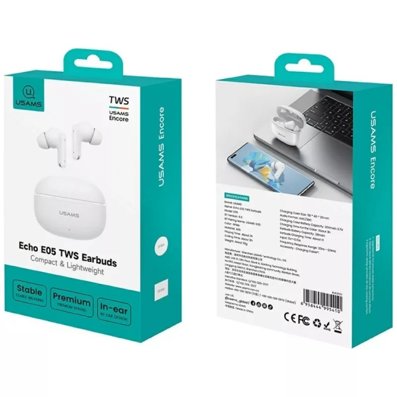 Auscultadores Bluetooth 6.0 E05 TWS branco
