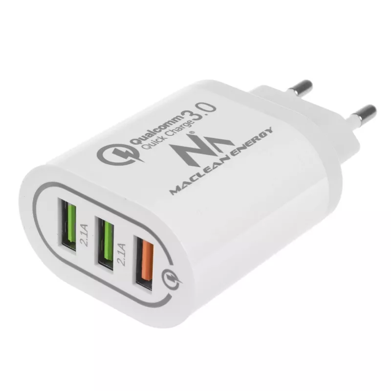 Carregador de parede MACLEAN MCE479W — carregador rápido USB de 3 portas, 18W de potência total