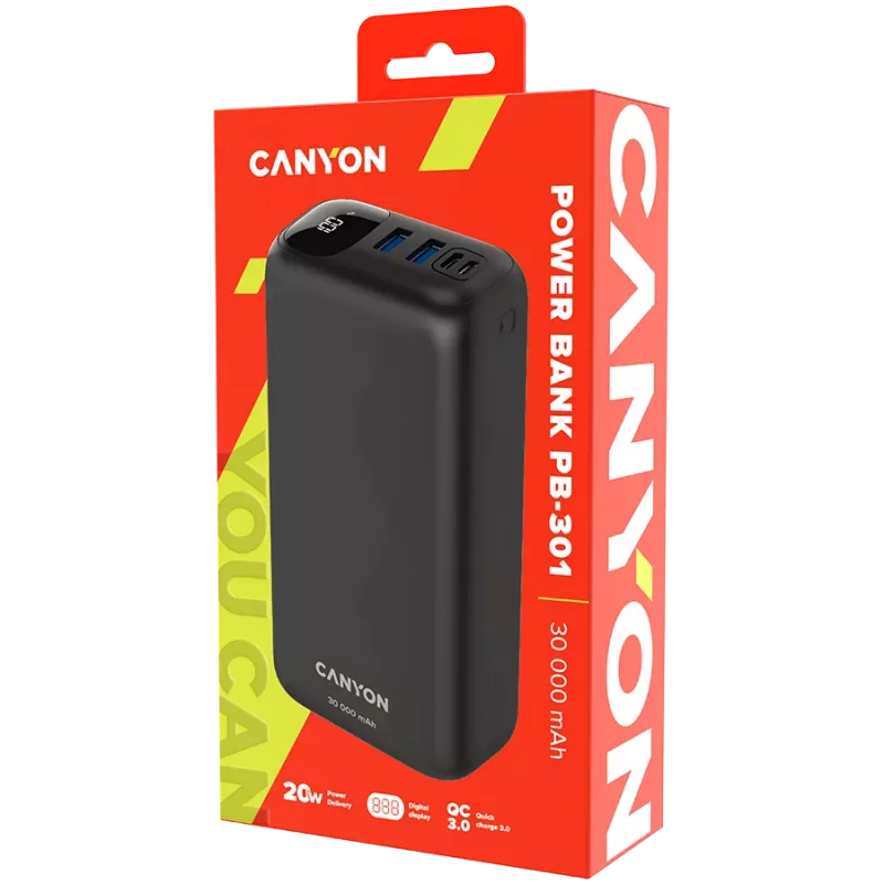 Powerbank Canyon PB-301 30000 mAh PD/QC/ecrã preto retalho