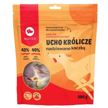 Tiras de mastigar para higiene dentária MACED Pato com orelha de coelho 500 g — snack natural de longa duração, proteína 50%, adequado para todas as raças