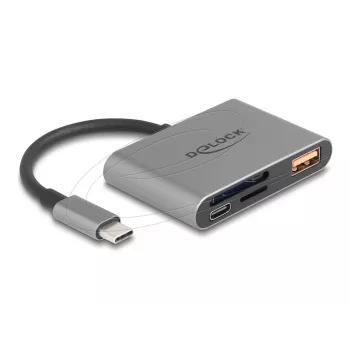 Leitor de cartões USB-C Delock 91016 para cartões SD e microSD com porta USB-A e USB-C PD