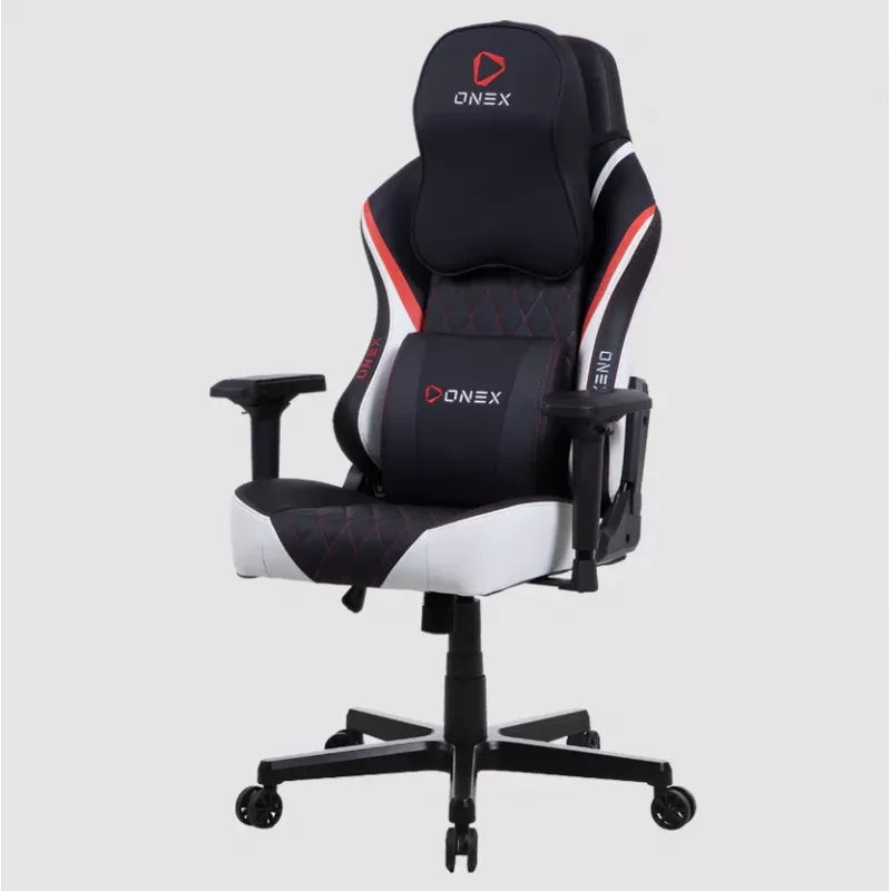 Cadeira gaming Onex FX8 — assento ergonómico com espuma moldada, regulável em altura e reclinável, preto/vermelho/branco