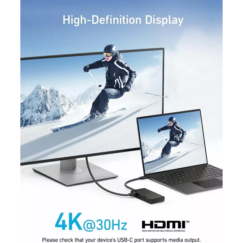 Anker 332 A8356G11 hub USB-C 5 em 1, HDMI 4K para um único ecrã, preto