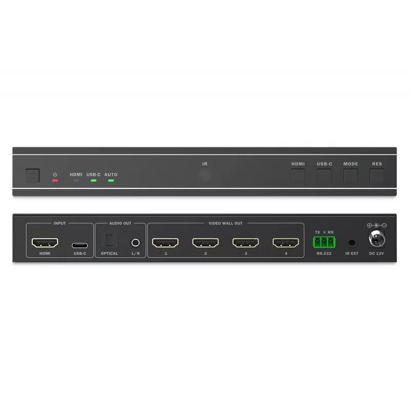 DIGITUS DS-55358 controlador de video wall HDMI, 4 ecrãs, saída 4K/30Hz, entrada 4K/60Hz via HDMI 2.0 / USB-C (DP 1.2a), RS232, telecomando, preto
