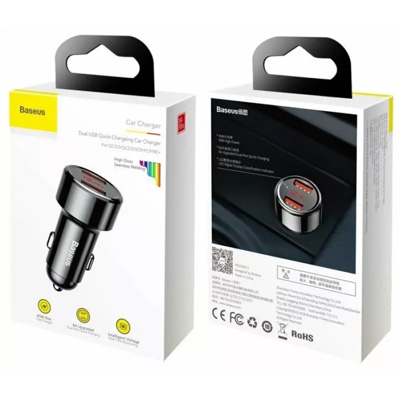 Baseus Magic CCMLC20A-01 carregador de carro, 2x USB-A QC 3.0, 45 W, 6 A, ecrã de tensão, preto