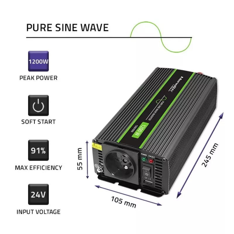Inversor de automóvel Qoltec Monolith 1200 W preto 24 V
