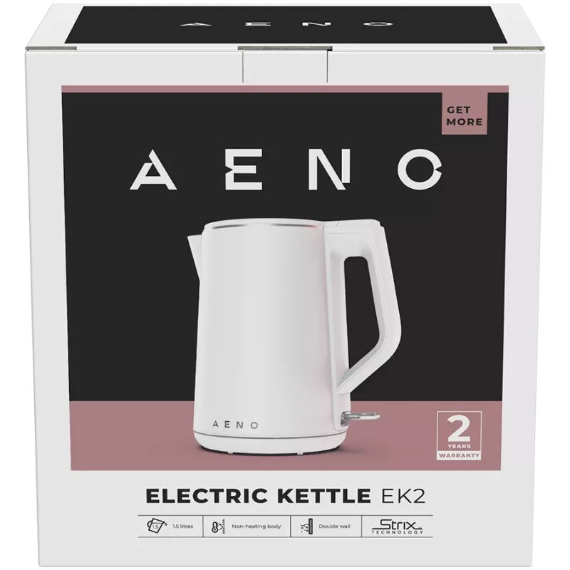 Chaleira AENO EK2: 1850-2200W, 1,5L, Strix, parede dupla, corpo que não aquece, desligamento automático, proteção contra funcionamento a seco