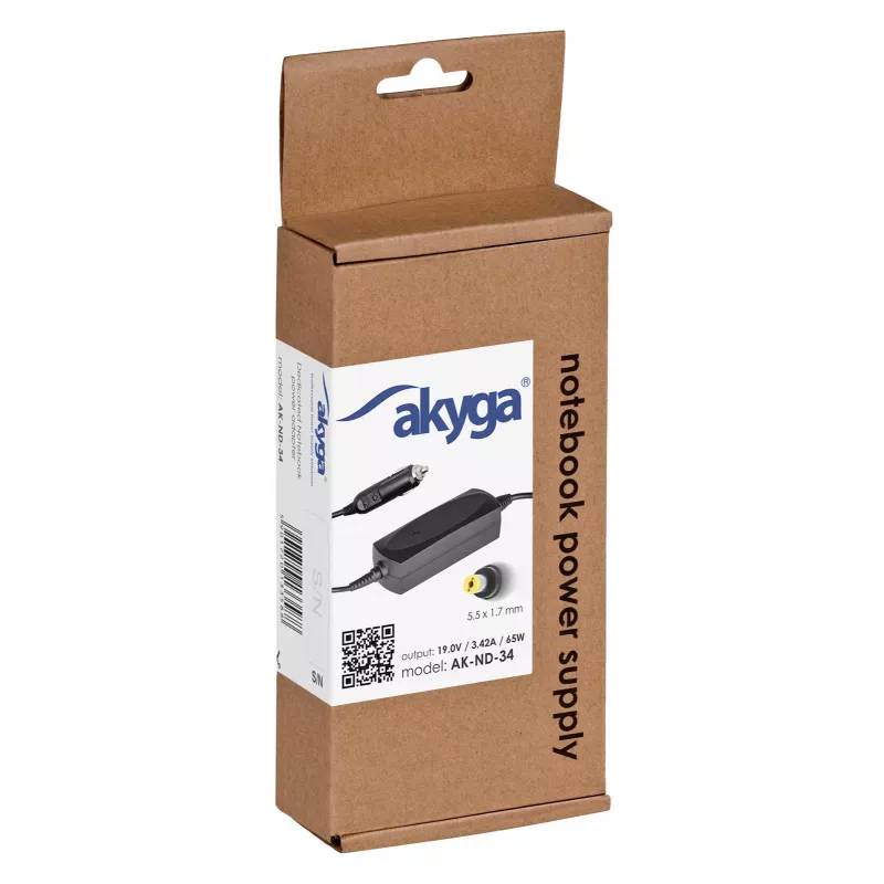 Akyga AK-ND-34 fonte de alimentação para portátil de automóvel Acer, 65 W, 19 V / 3,42 A, 5,5 x 1,7 mm, entrada 12 V