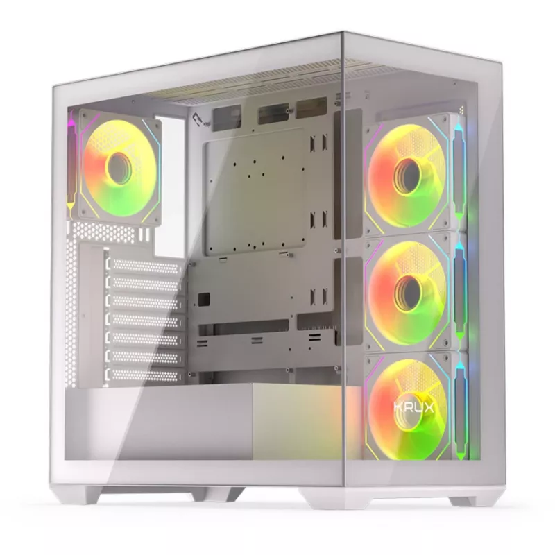 Caixa de PC KRUX Exo Midi Tower, ATX/micro-ATX/mini-ITX, 2x vidro temperado, USB-C, 4 ventoinhas de 120 mm, 2 baías de 3,5 polegadas + 2 de 2,5 polegadas, GPU até 40,5 cm, branca