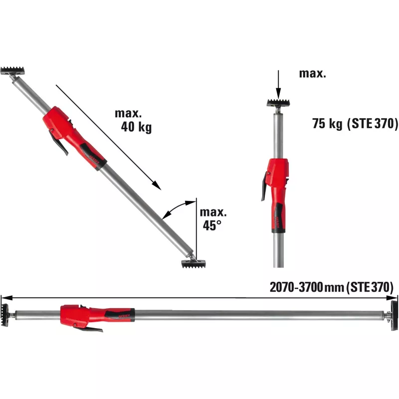 Bessey STE370 Escora de teto e montagem, prateado/vermelho, 2070-3700 mm, com manípulo de bomba