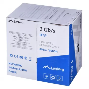 Cabo de rede LANBERG LCU6-10CC-0305-BK U/UTP Cat6 305 m, 23 AWG, CCA, 250 MHz, preto
