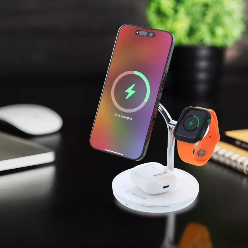 Carregador de mesa sem fios Tellur TLL151391 3em1 MagSafe carregamento rápido para smartphone, relógio e auscultadores