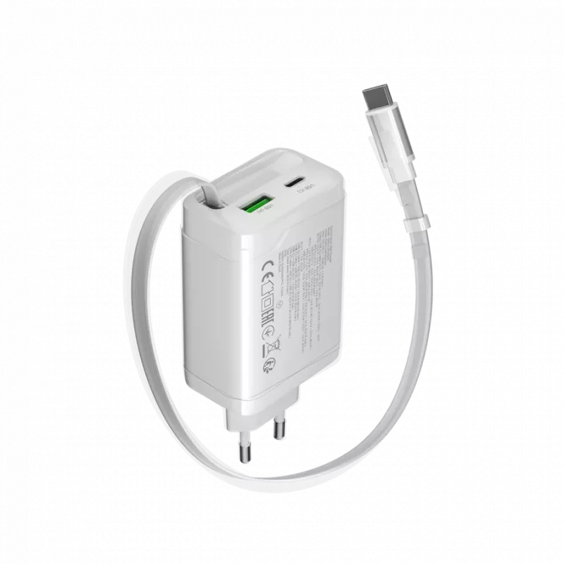 Carregador CANYON OnCharge 65RC com cabo USB-C integrado 65W, 1x PD, 1x QC, ficha EU, branco