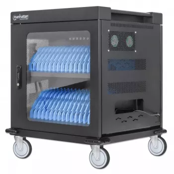 Carrinho/armário de carregamento para portáteis Manhattan com adaptador AC (UE) 32 compartimentos, instale o adaptador AC (cabo de alimentação) do dispositivo no dispositivo, adequado para TODOS os portáteis (até 15,6 polegadas), iPads, MacBooks, Chromebooks, outros dispositivos USB-C, compartimentos 380 x 30 x 280 mm, armário, com fecho