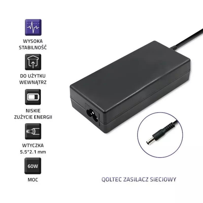 Qoltec 50797 fonte de alimentação de secretária 60 W, 12 V, 5 A, 5,5x2,1 mm, com cabo de alimentação