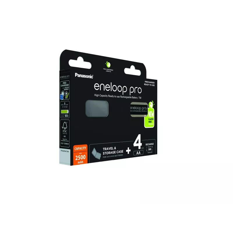 Pilhas recarregáveis PANASONIC ENELOOP PRO AA 2500 mAh 4 unid. + estojo (BK-3HCDE/4CP+CASE)