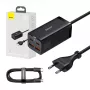 Baseus GaN3 Pro CCGP000101 carregador de secretária 100 W, 2x USB-C + 2x USB-A, PD 3.0, QC 4.0+, cabo de 1,5 m, preto
