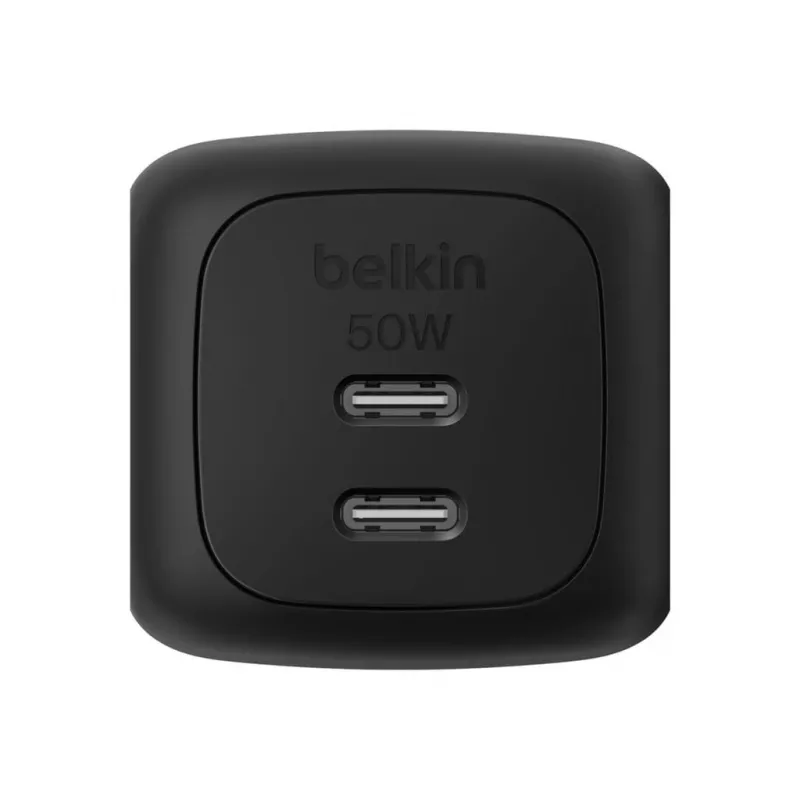 Carregador rápido AC de interior Belkin WCH019kqBK — 2× USB‑C, preto, proteção OVP/OC/OT/SC