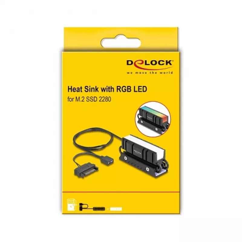 Dissipador de calor DELOCK 18460 para M.2 SSD 2280 — alumínio/cobre, RGB 5V, preto