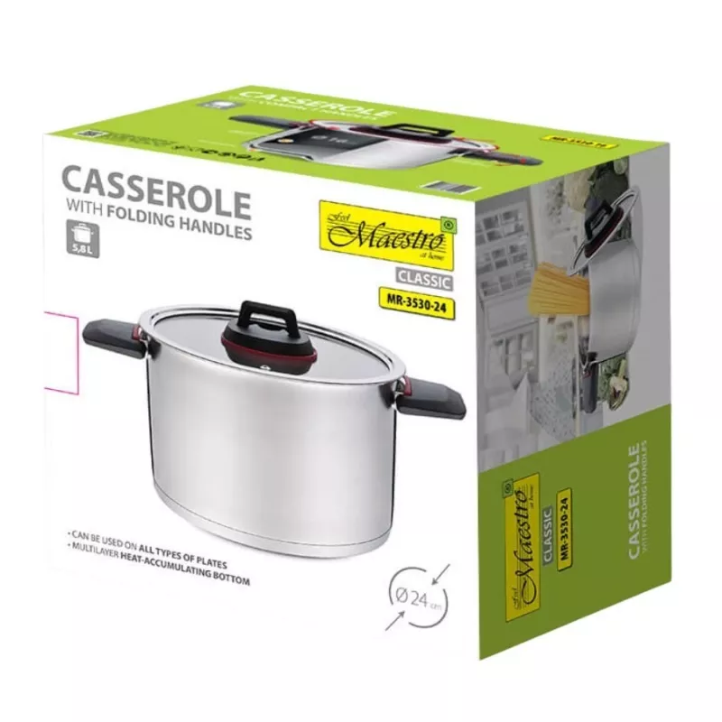 Panela Maestro MR-3530-24 aço inoxidável 24 cm, 5,5 L, pegas rebatíveis, tampa de vidro