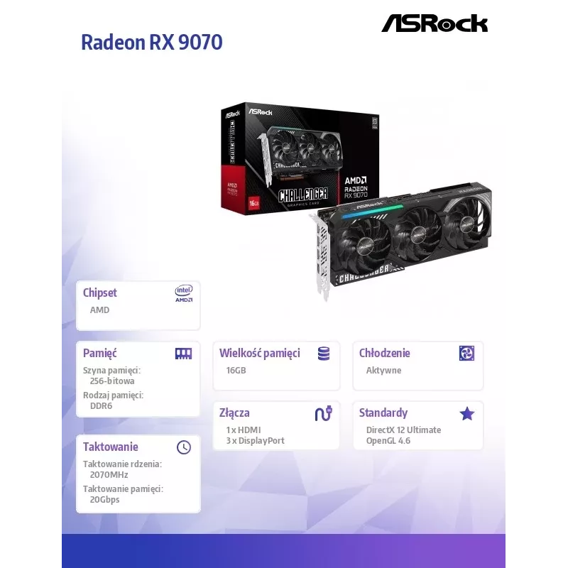 Placa gráfica ASRock Challenger Radeon RX 9070 — 16 GB GDDR6, 256 bits, PCIe 5.0, 3x DisplayPort 2.1a + HDMI 2.1b