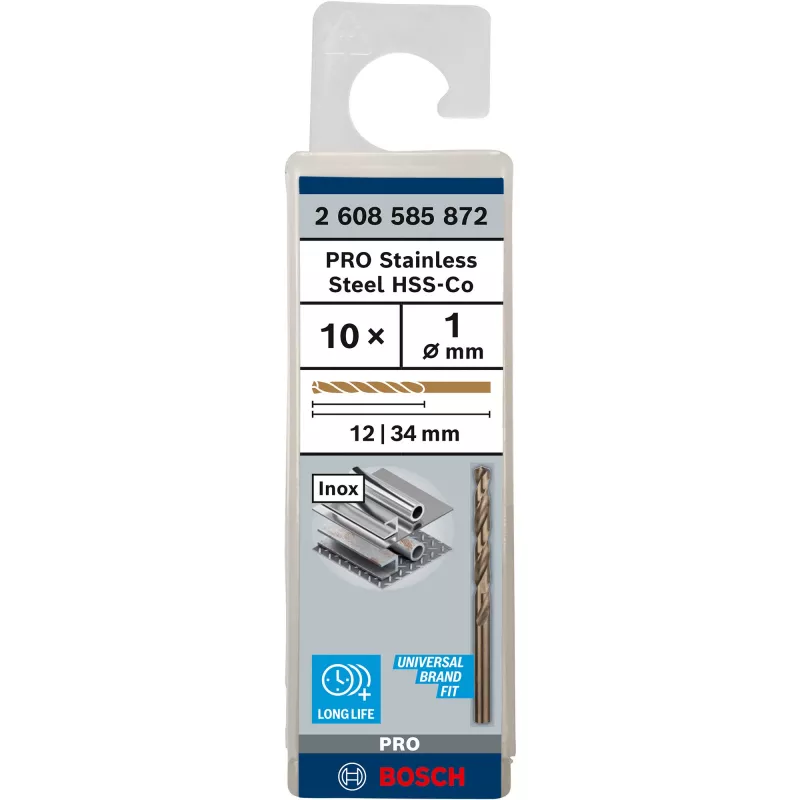 Brocas helicoidais HSS-Co PRO em aço inoxidável, Ø 1,0 mm 10 unid., comprimento de trabalho 12 mm