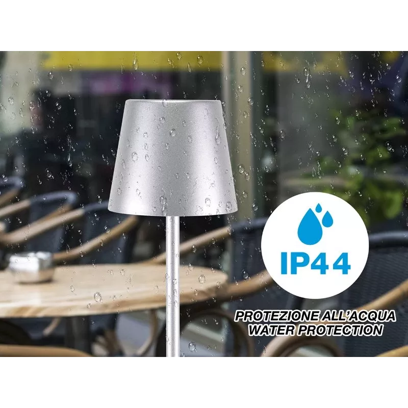 Beper P201UTP117 candeeiro de mesa LED recarregável, 1,5 W, interruptor tátil, regulável, adaptador para garrafa de 33 mm, resistente à água, prateado