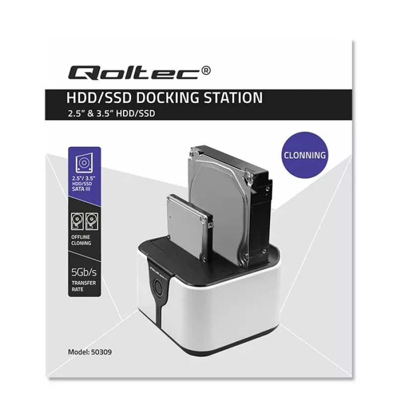 Qoltec 50309 Dock para HDD SSD 2.5 3.5 | SATA III | USB 3.0 | Super Speed 5 Gb/s | com função de clonagem