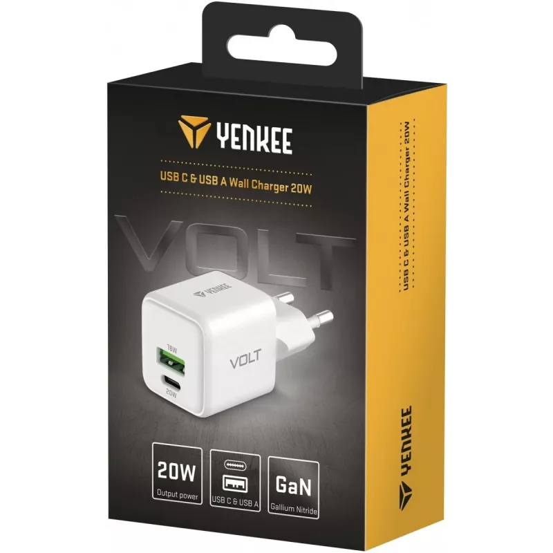 Carregador de rede USB-C/A YENKEE YAC G38 20W 3A Power Delivery (USB‑C e USB‑A)