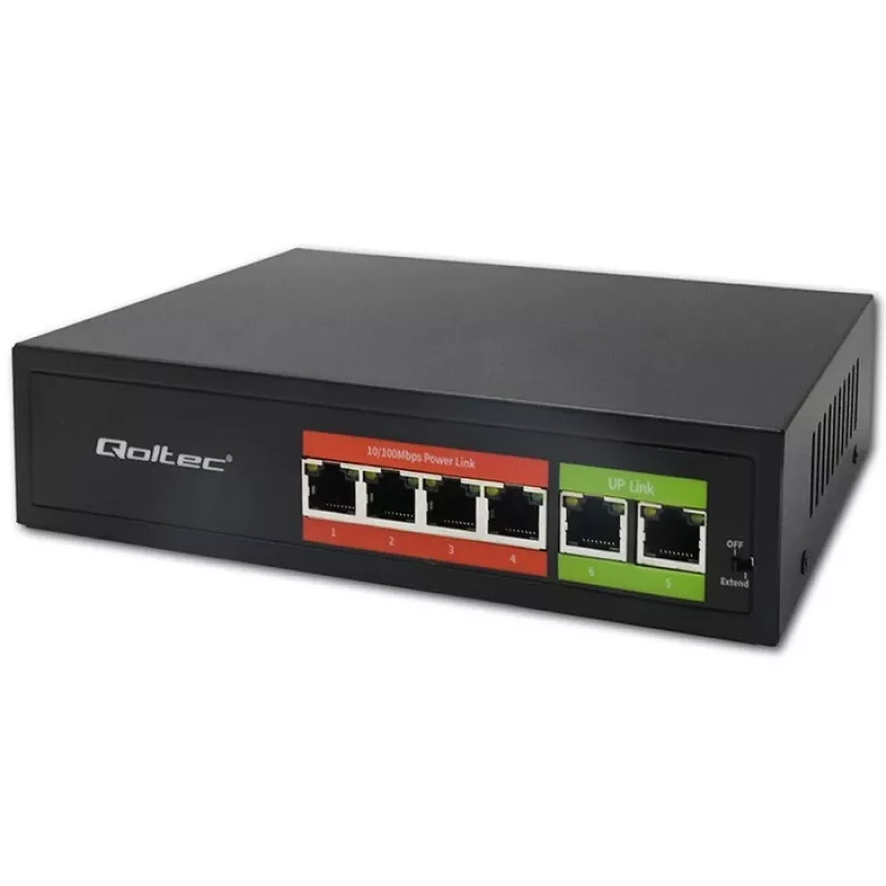 Switch Ethernet PoE QOLTEC 52289 — 4x portas RJ45 PoE, 2x RJ45 uplink, orçamento PoE 65W