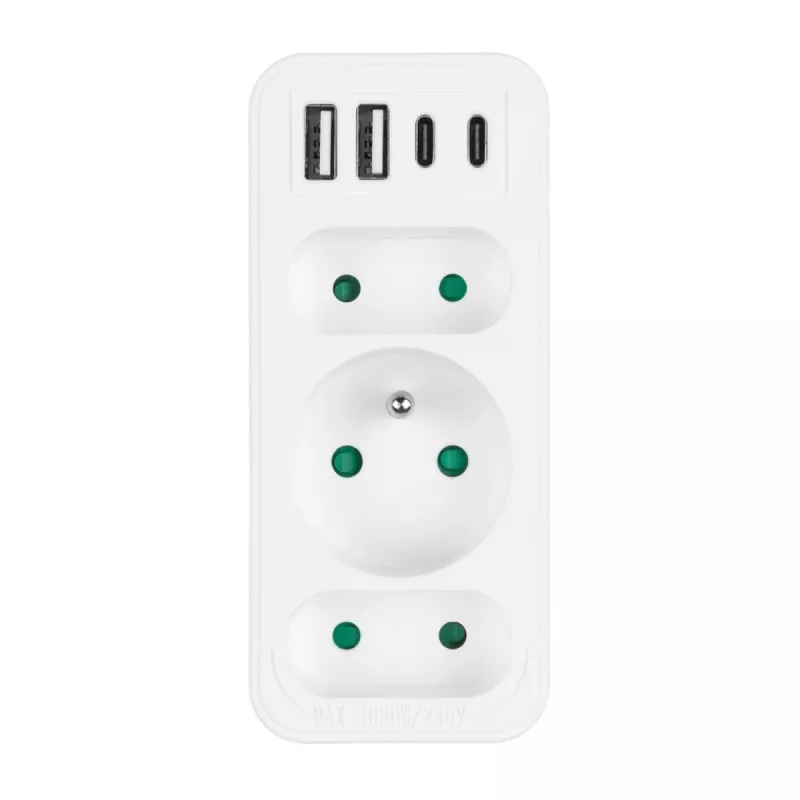 Power Splitter MACLEAN MCE248 F/W — 3 tomadas AC (1×16A, 2×6A) + 4×USB (2×A, 2×C PD 20W), ficha EU, branco
