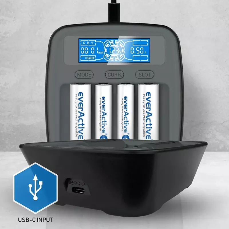 everActive NC-1000M V2 carregador de pilhas, Ni-MH, 4 ranhuras AA/AAA, USB-C, preto