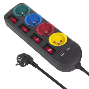 Extensão elétrica MACLEAN MCE229B — 4 tomadas AC, 2× USB-A, cabo de 1,5 m, 10 A, Type F, interior, preto