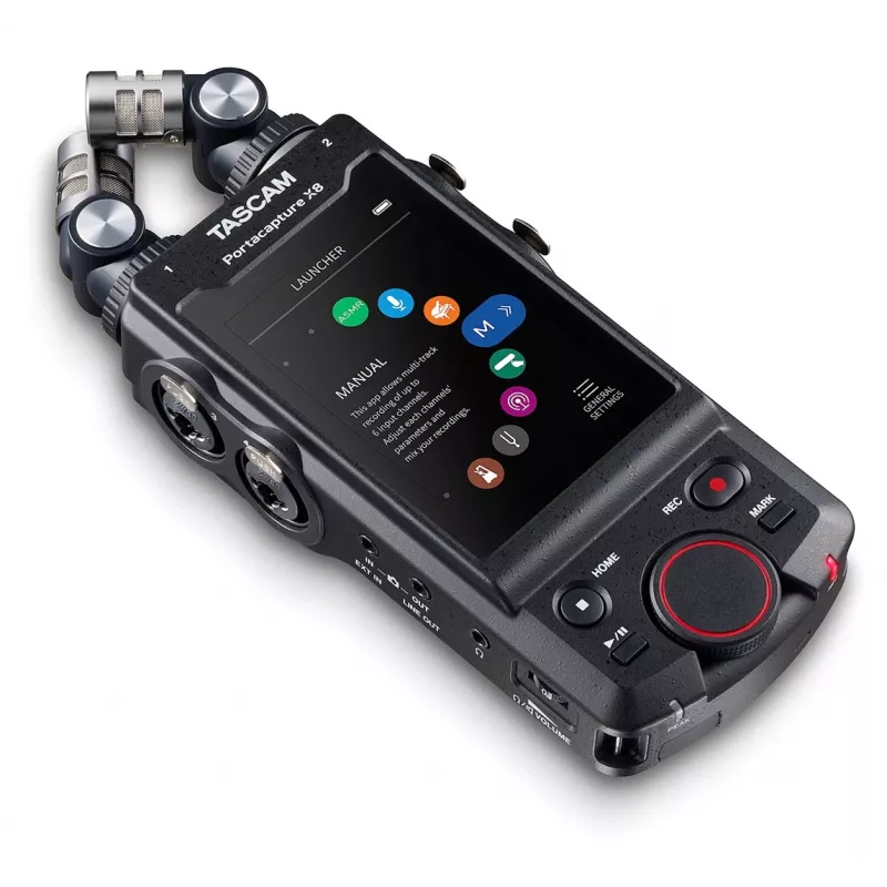 Gravador de áudio multipista portátil Tascam Portacapture X8 — 6 canais, 24/32 bits, até 96 kHz, 4 entradas combo XLR/TRS, cartão SD, USB-C, pilha ou fonte de alimentação