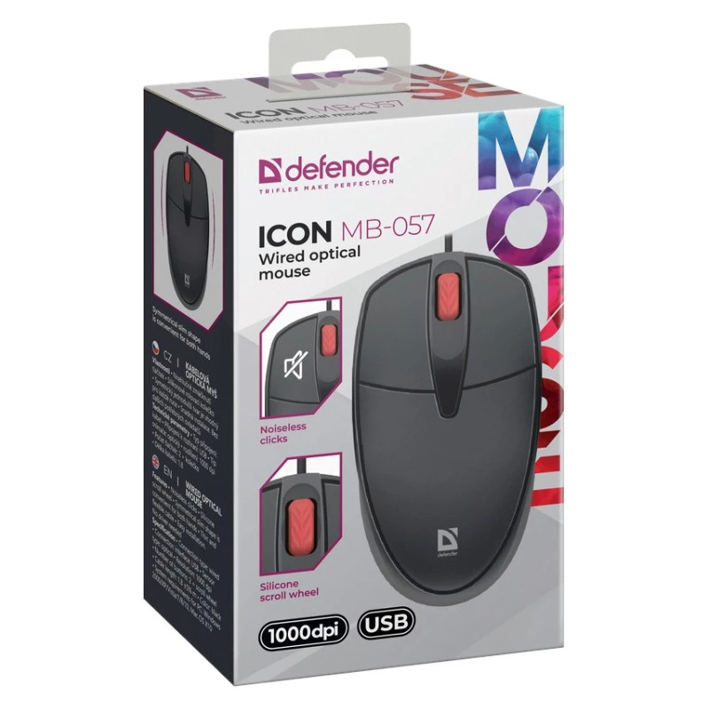 Rato DEFENDER ICON MB-057 ótico 1000dpi 3P preto clique silencioso
