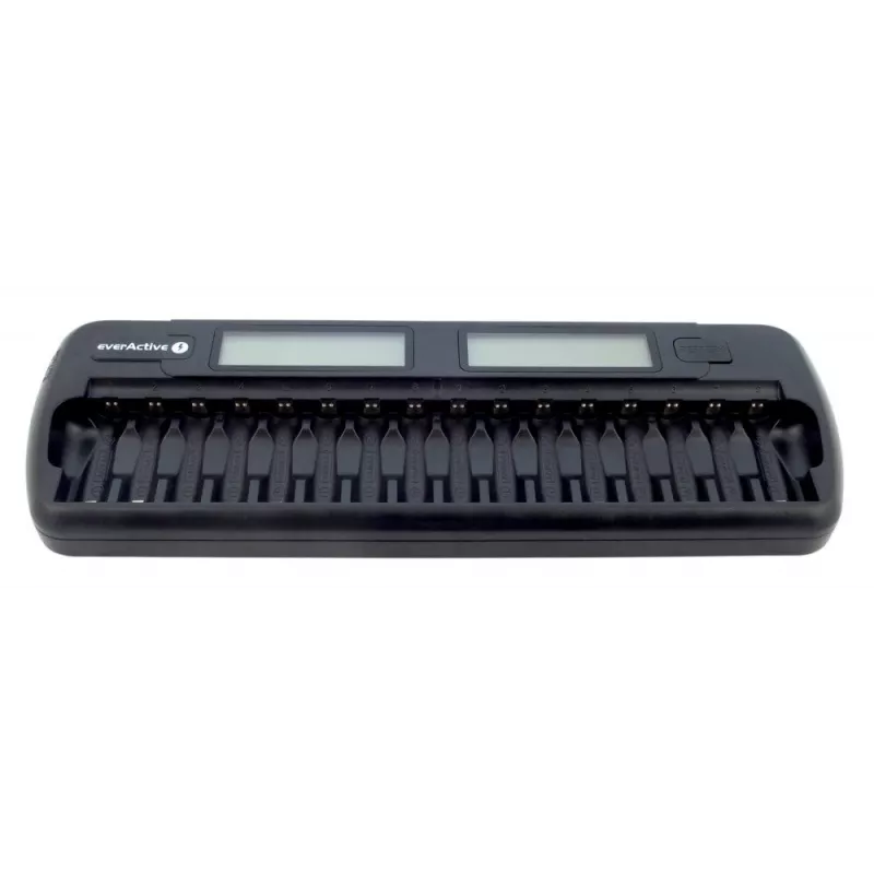 Carregador de baterias everActive NC-1600 — carregador universal DC para Li-Ion, suporta 16 células, tamanhos compatíveis AA/AAA/C, preto, AC 100–240V 50–60Hz
